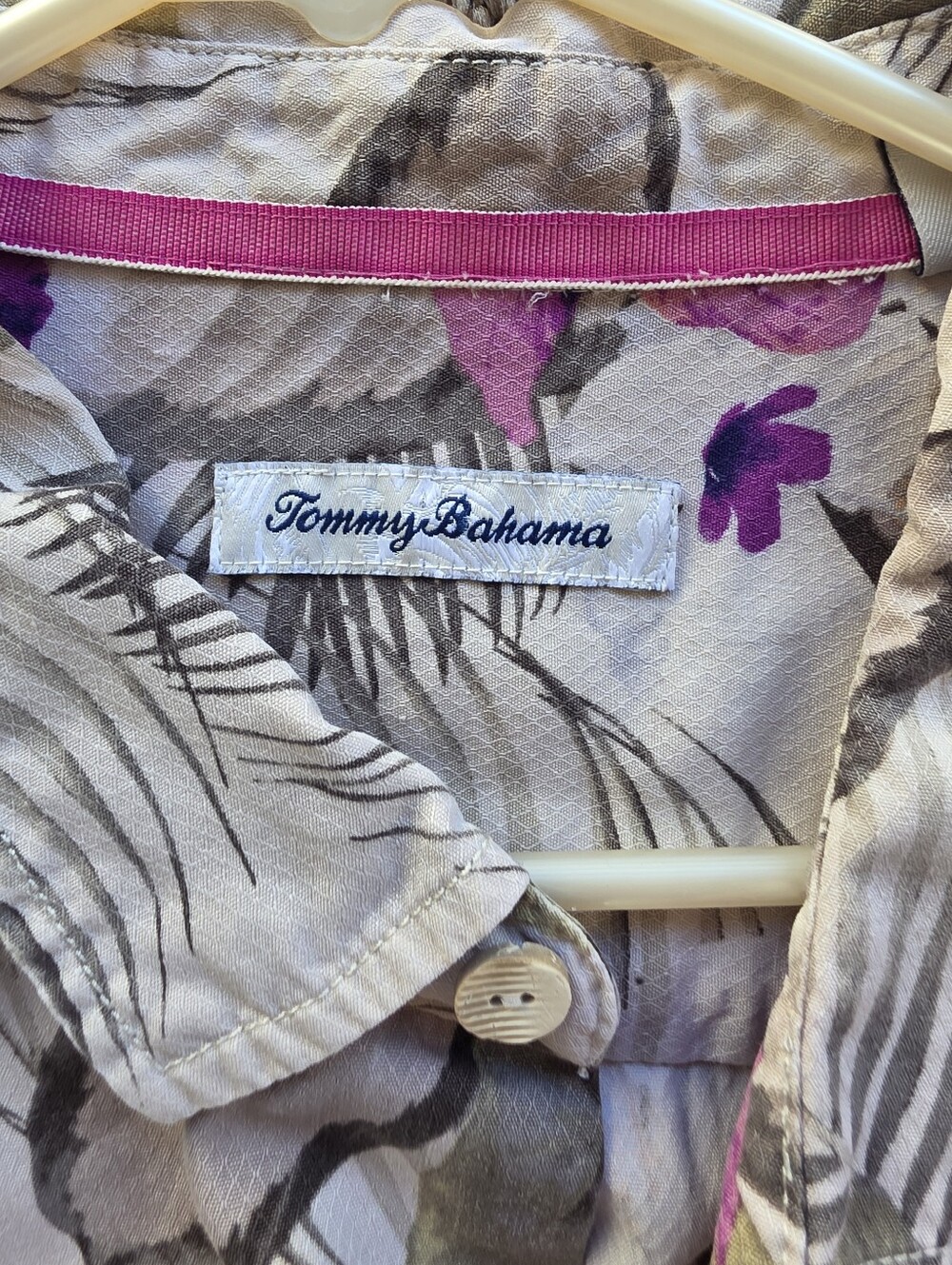 Tommy Bahama Floral Button-Up Shirt in Beige with Pink Accents